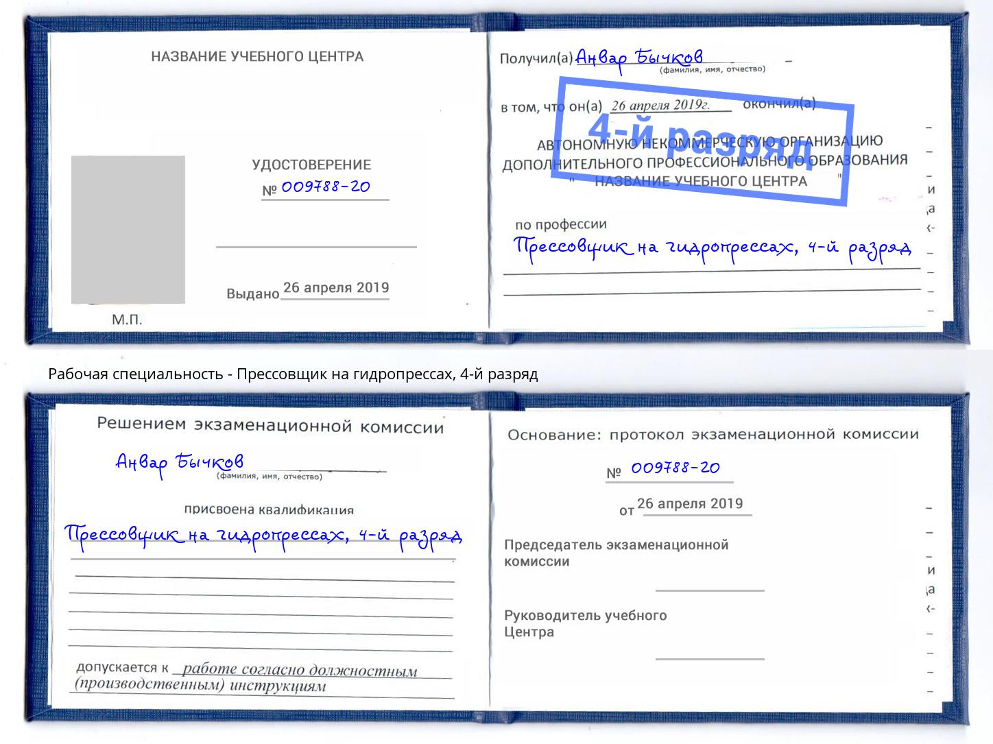 корочка 4-й разряд Прессовщик на гидропрессах Елец
