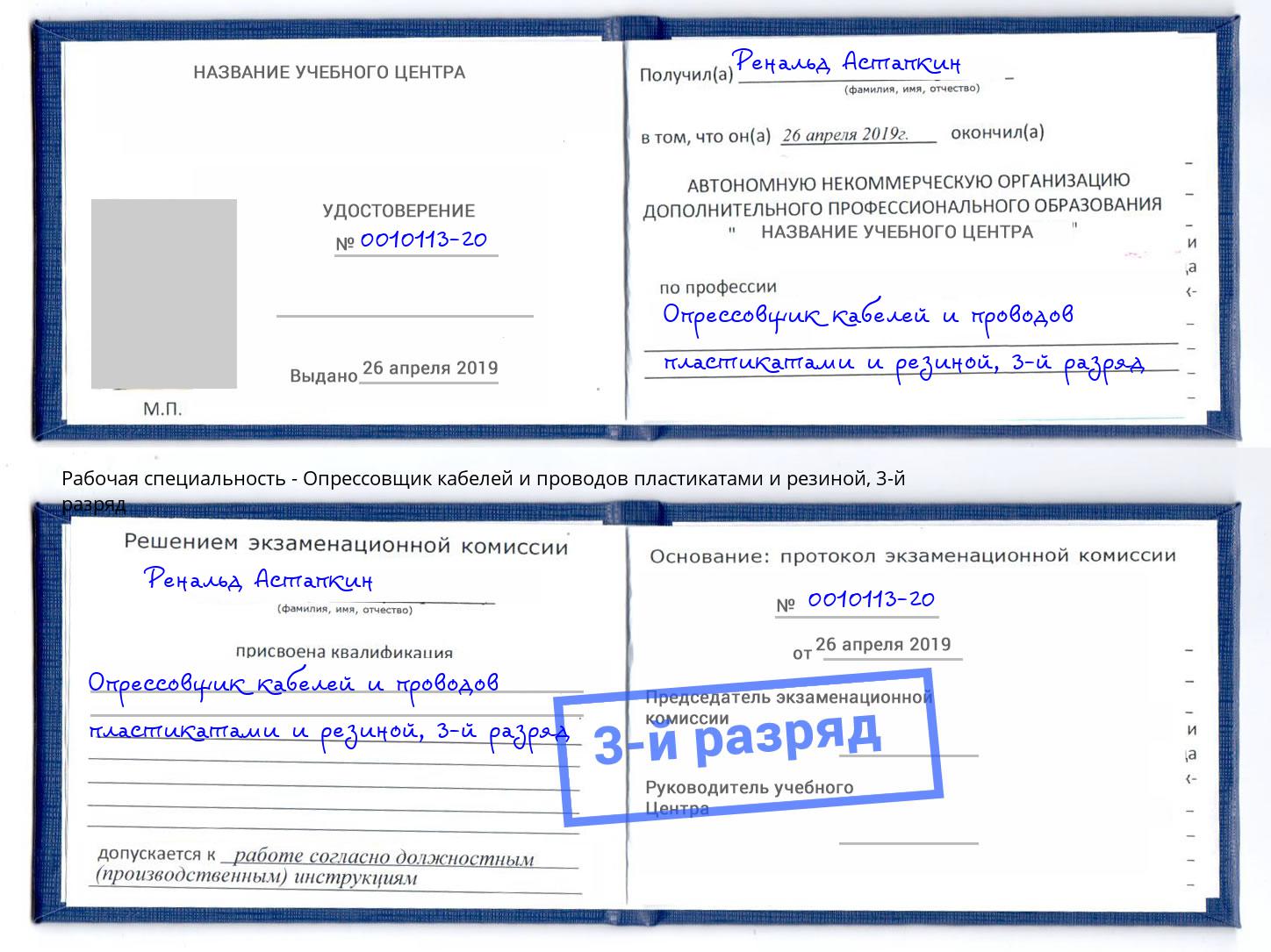 корочка 3-й разряд Опрессовщик кабелей и проводов пластикатами и резиной Елец
