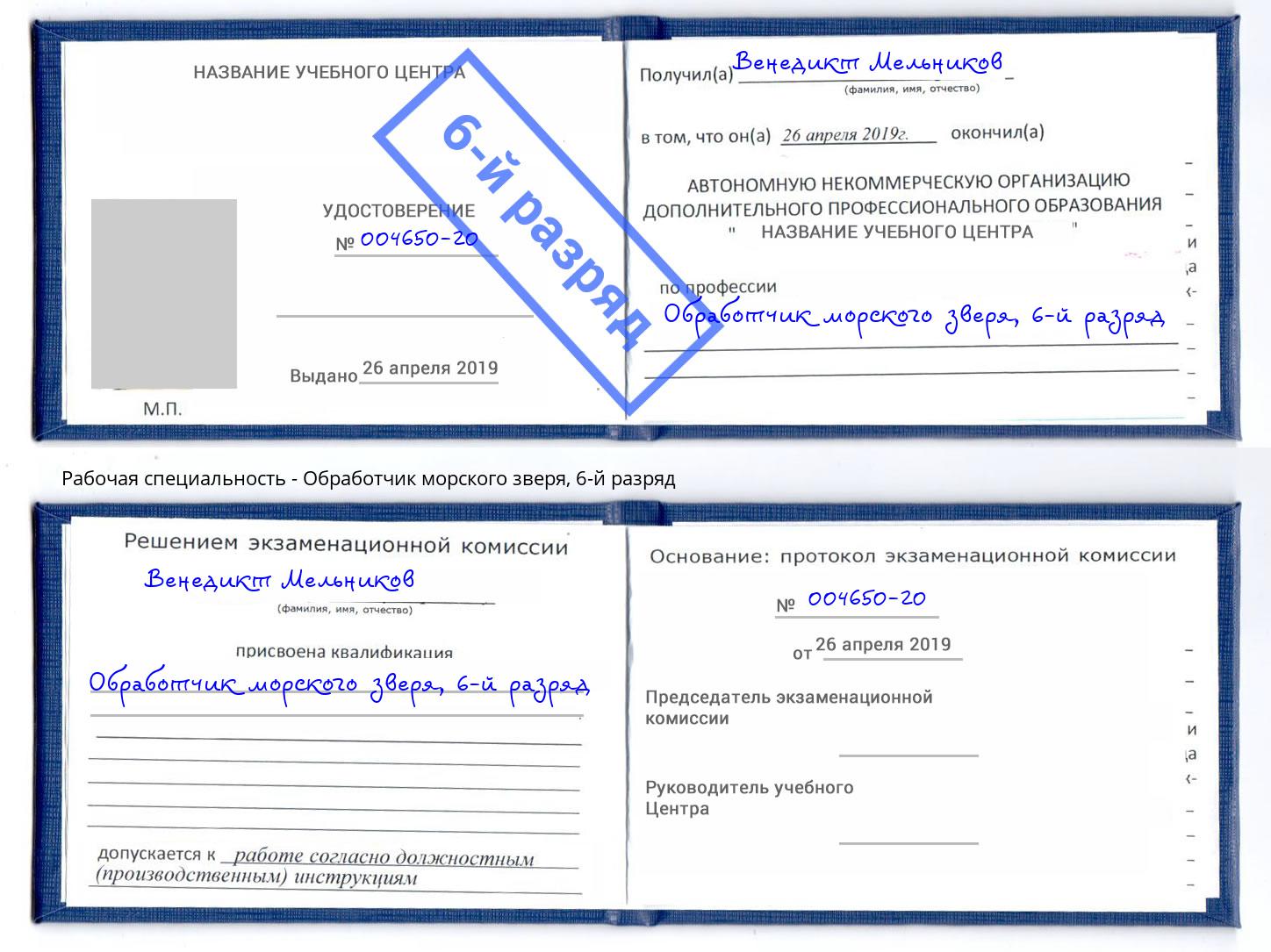 корочка 6-й разряд Обработчик морского зверя Елец