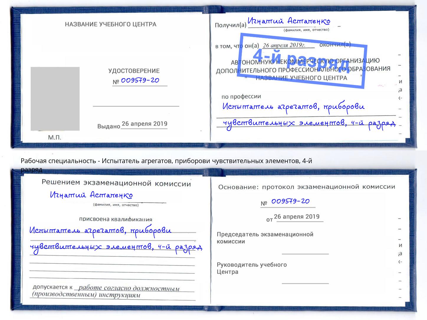 корочка 4-й разряд Испытатель агрегатов, приборови чувствительных элементов Елец