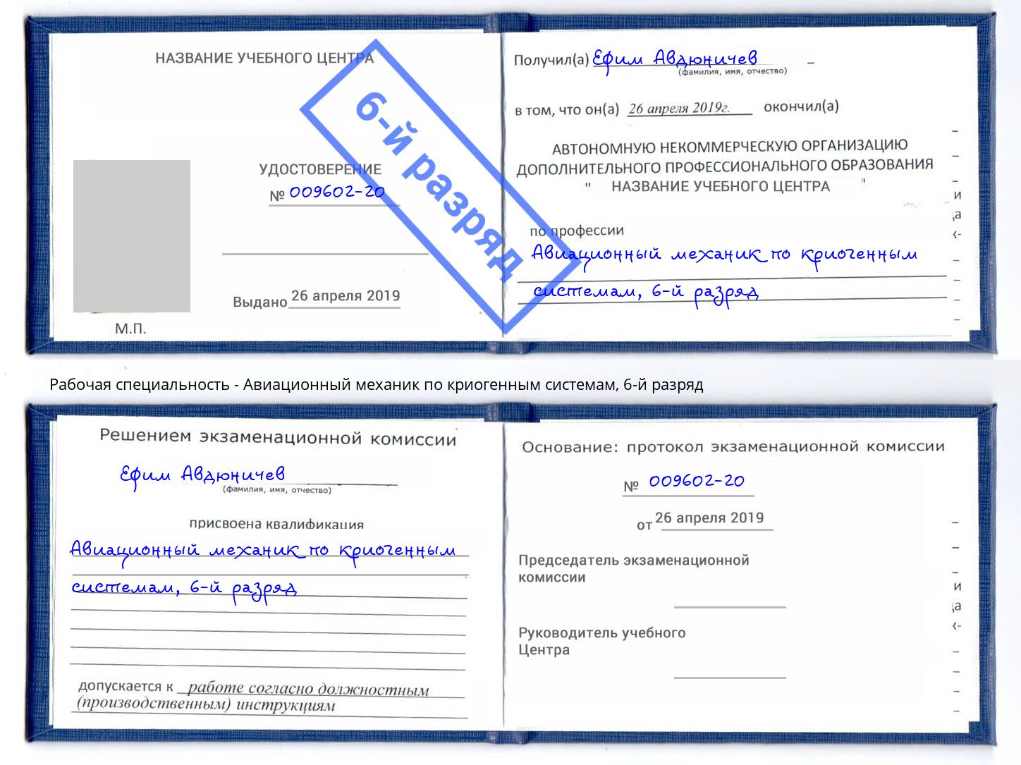 корочка 6-й разряд Авиационный механик по криогенным системам Елец