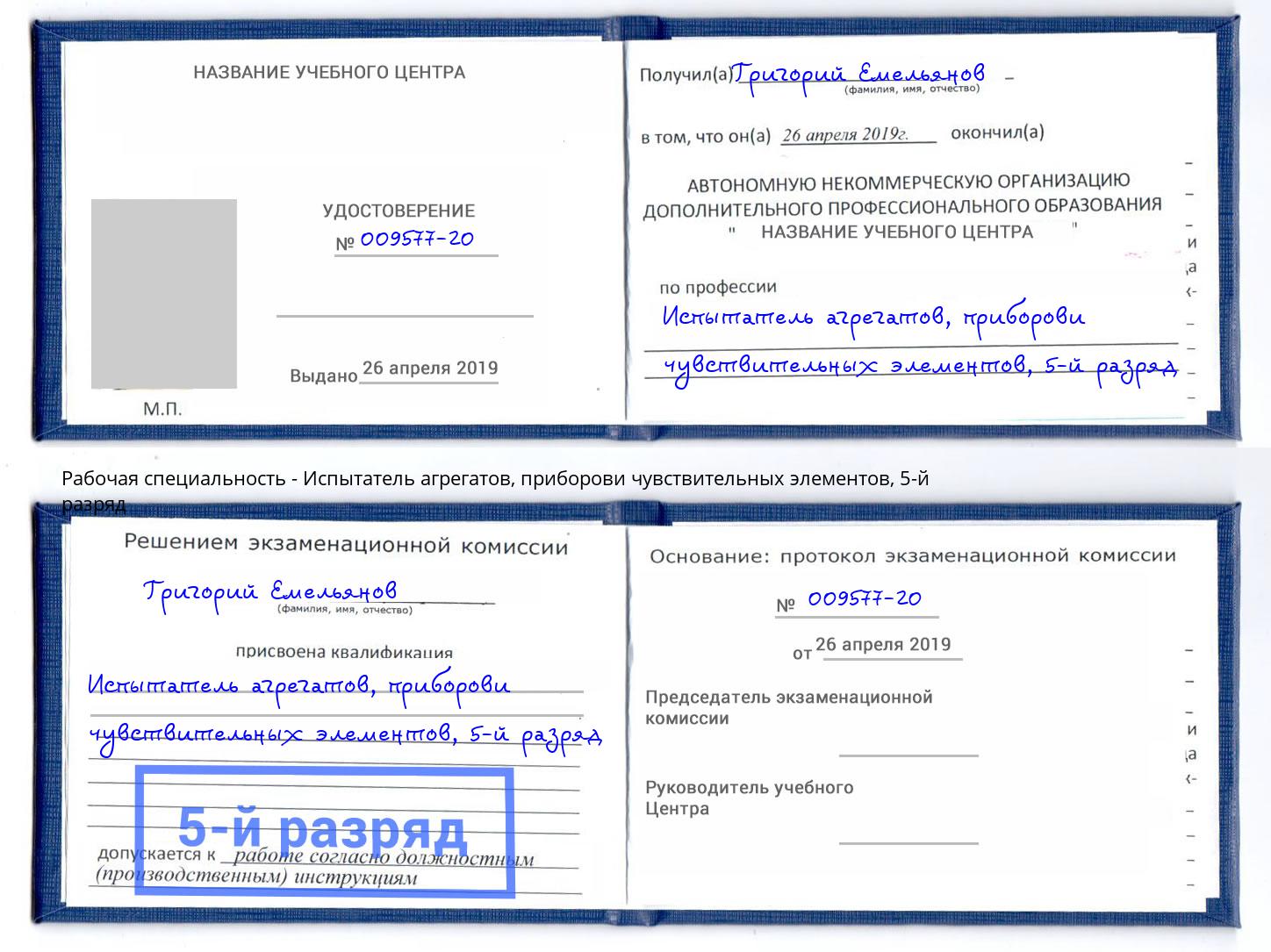 корочка 5-й разряд Испытатель агрегатов, приборови чувствительных элементов Елец