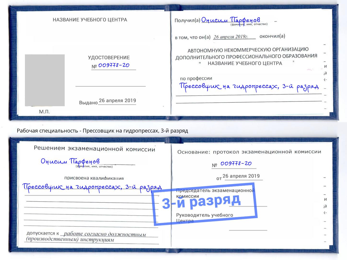 корочка 3-й разряд Прессовщик на гидропрессах Елец