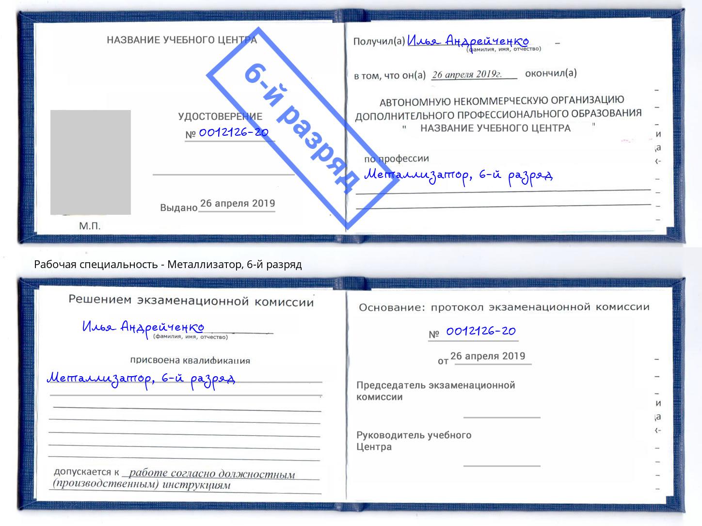 корочка 6-й разряд Металлизатор Елец