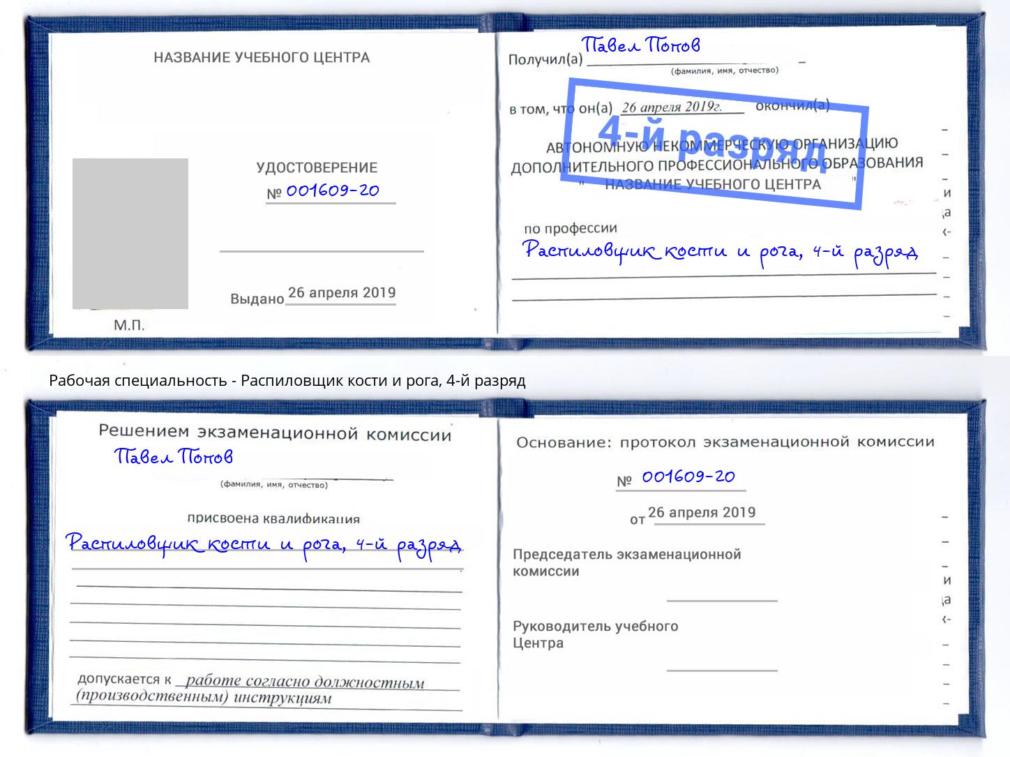 корочка 4-й разряд Распиловщик кости и рога Елец