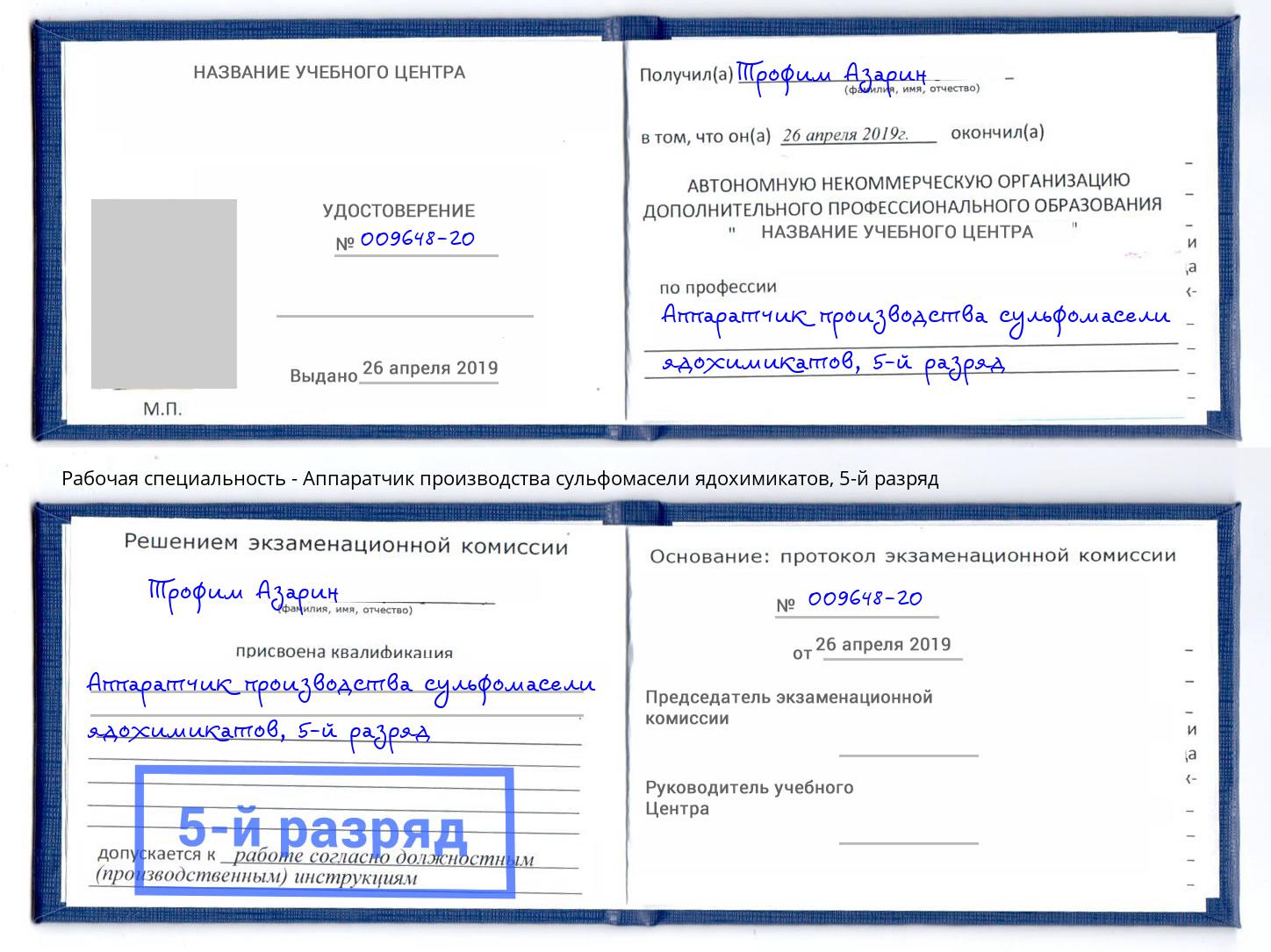 корочка 5-й разряд Аппаратчик производства сульфомасели ядохимикатов Елец