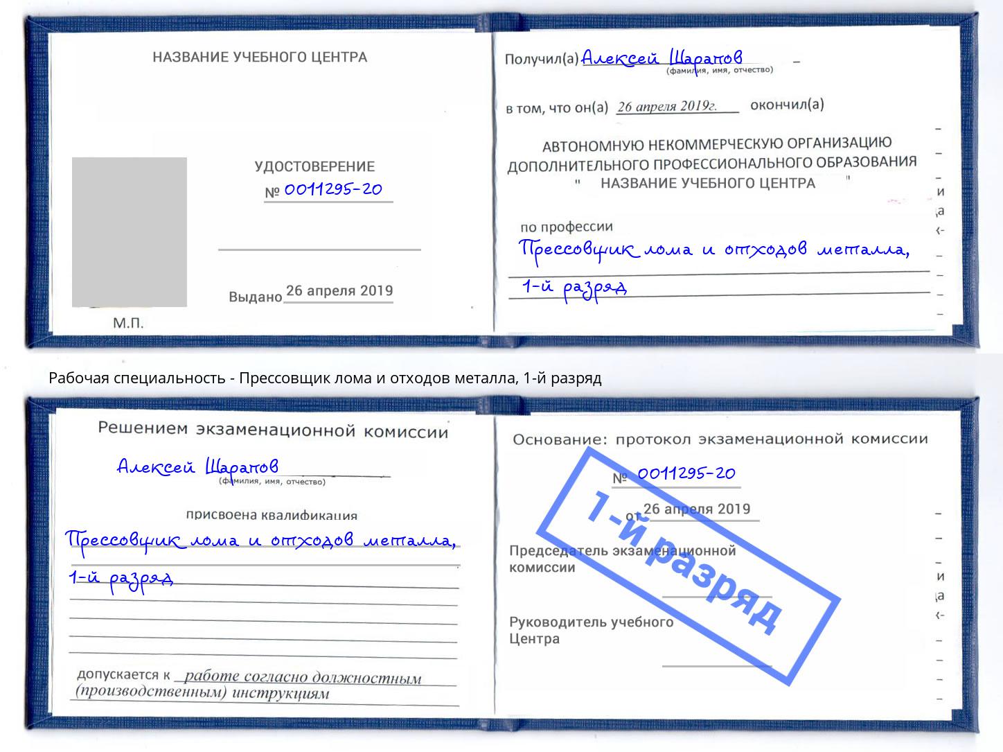 корочка 1-й разряд Прессовщик лома и отходов металла Елец