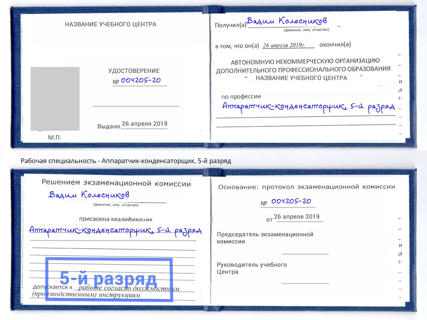 корочка 5-й разряд Аппаратчик-конденсаторщик Елец