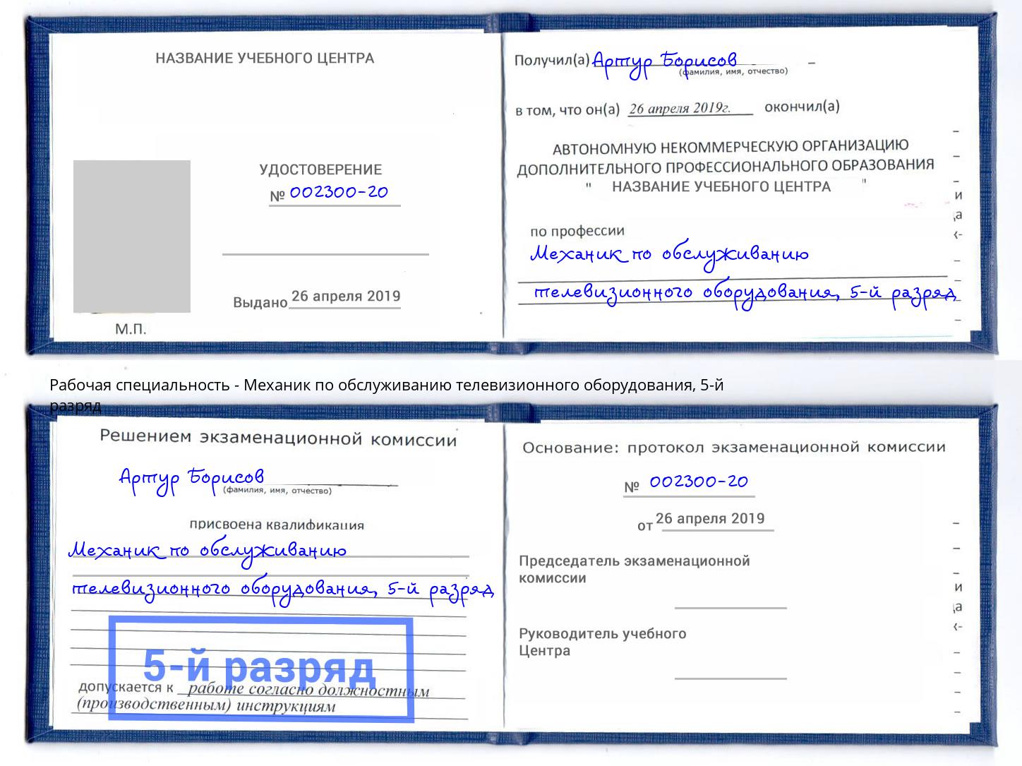 корочка 5-й разряд Механик по обслуживанию телевизионного оборудования Елец