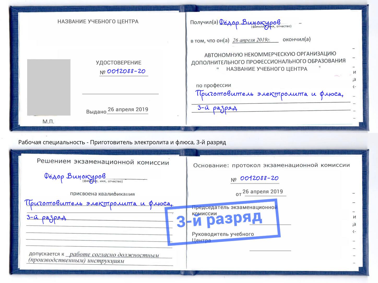 корочка 3-й разряд Приготовитель электролита и флюса Елец