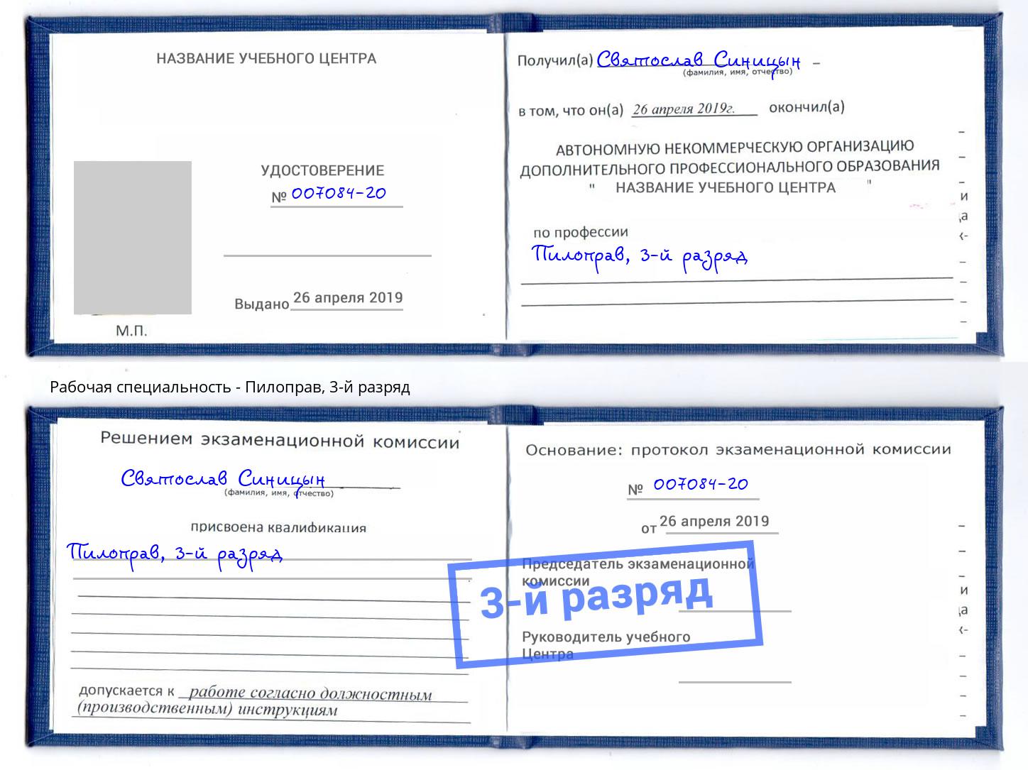 корочка 3-й разряд Пилоправ Елец