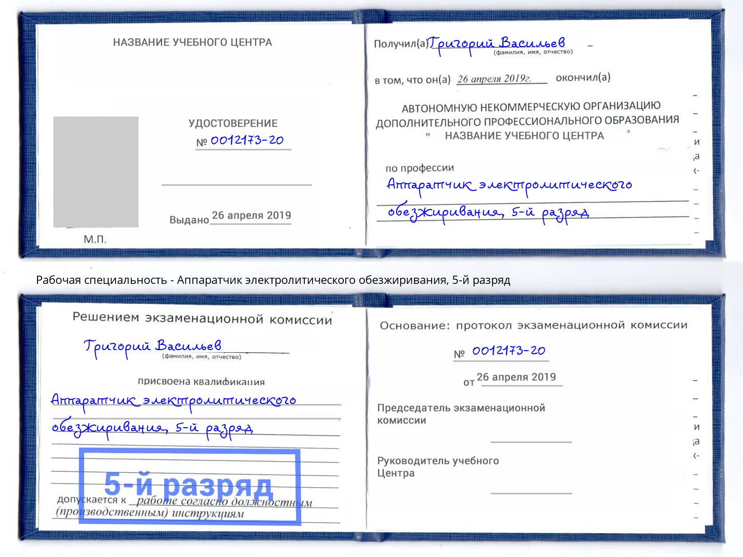 корочка 5-й разряд Аппаратчик электролитического обезжиривания Елец