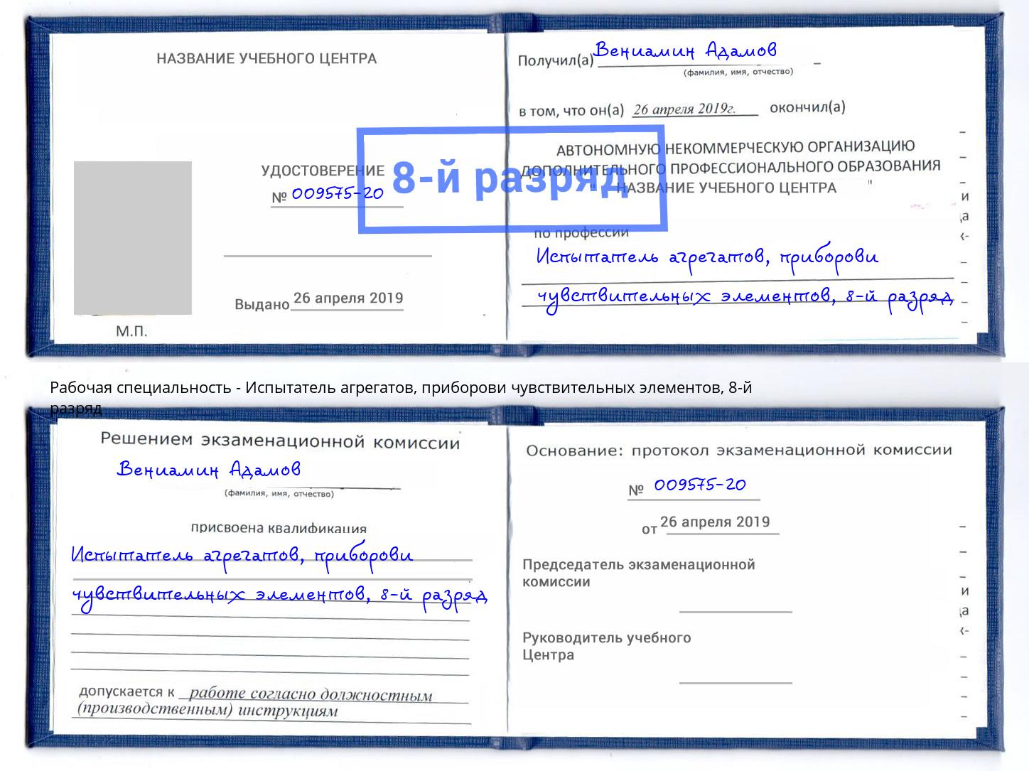 корочка 8-й разряд Испытатель агрегатов, приборови чувствительных элементов Елец